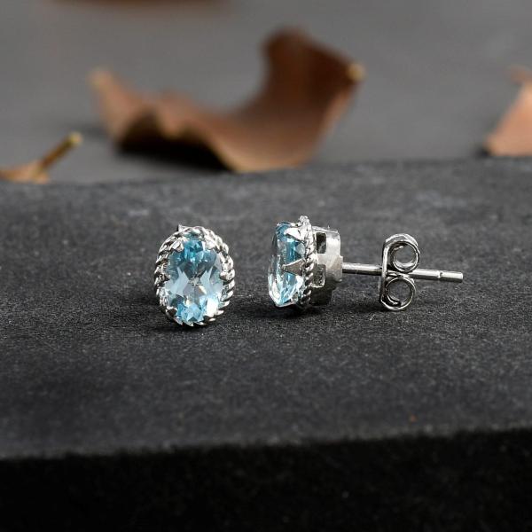 925 Sterling Silver Real Blue Topaz Oval dotted Gemstone Shape Stud Earrings