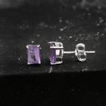 925 Sterling Silver Real Amethyst Rectangle Gemstone Shape Stud Earrings