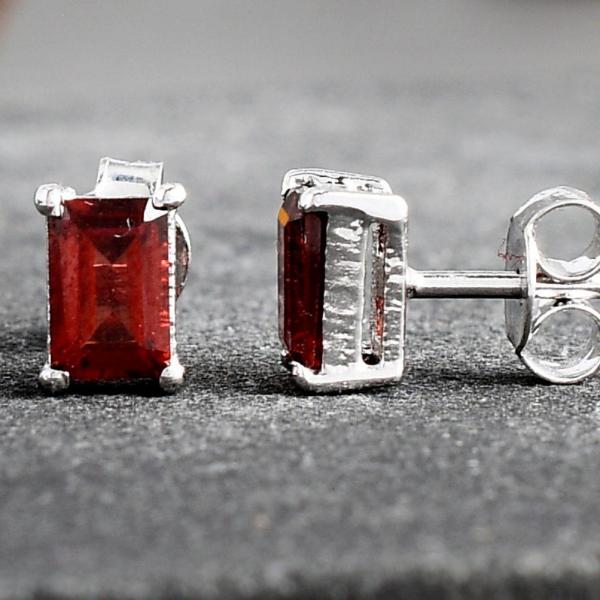 925 Sterling Silver Real Garnet Rectangle Gemstone Shape Stud Earrings