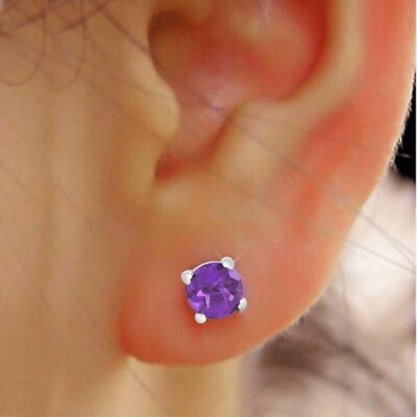 925 Sterling Silver Real Amethyst Gemstone Round Shape Stud Earrings