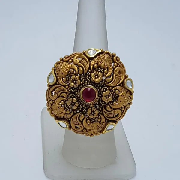 Antique style Cocktail Ring with red Stone with Kundan Adjustable Size