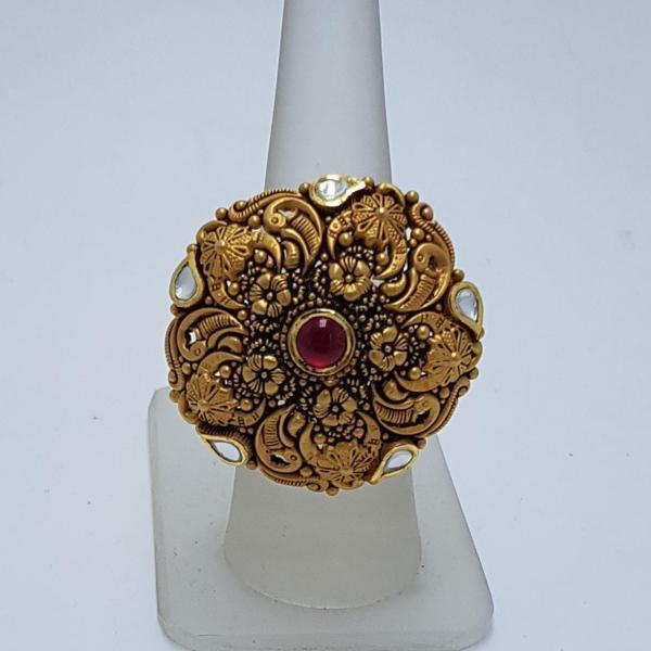 Antique style Cocktail Ring with red Stone with Kundan Adjustable Size