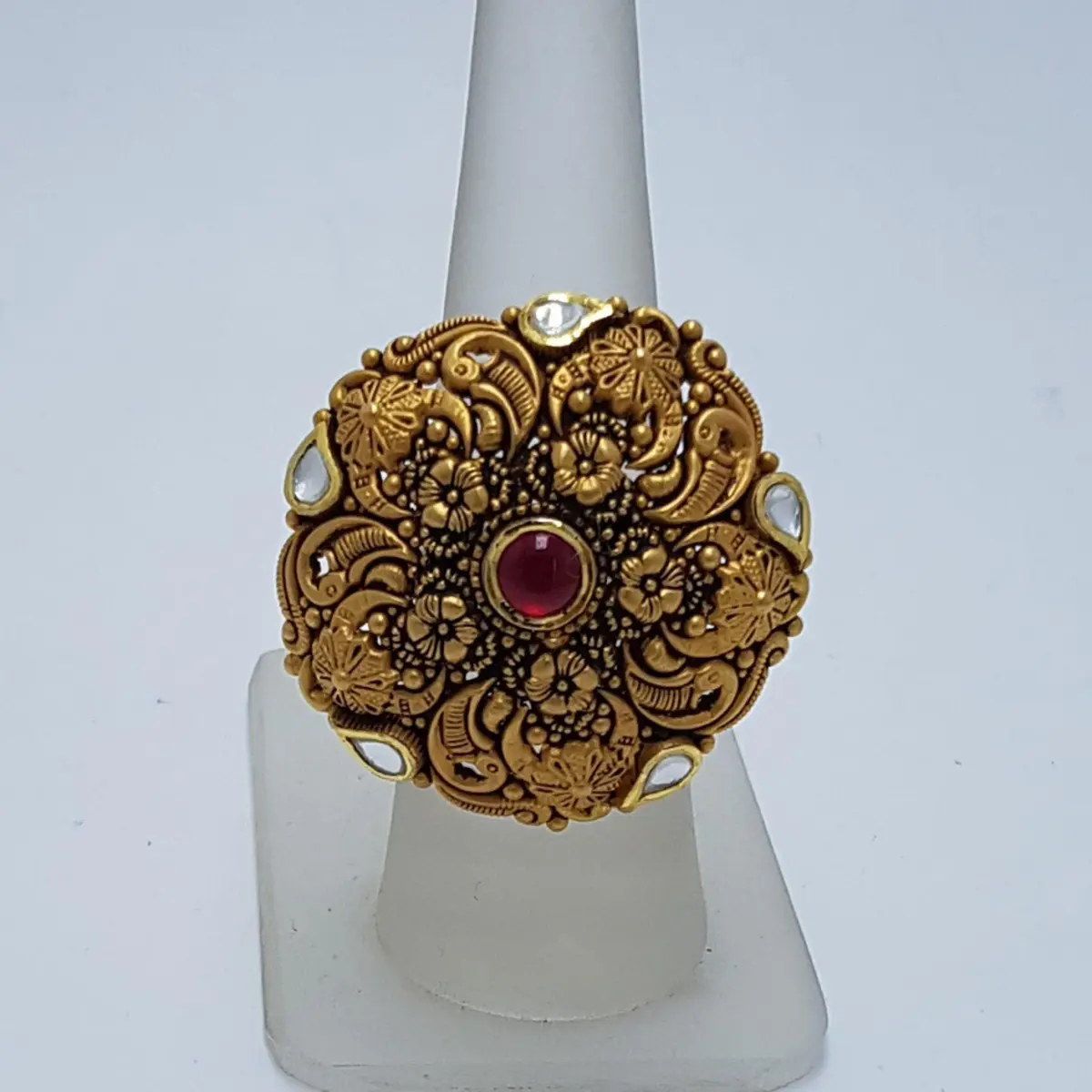 Antique style Cocktail Ring with red Stone with Kundan Adjustable Size