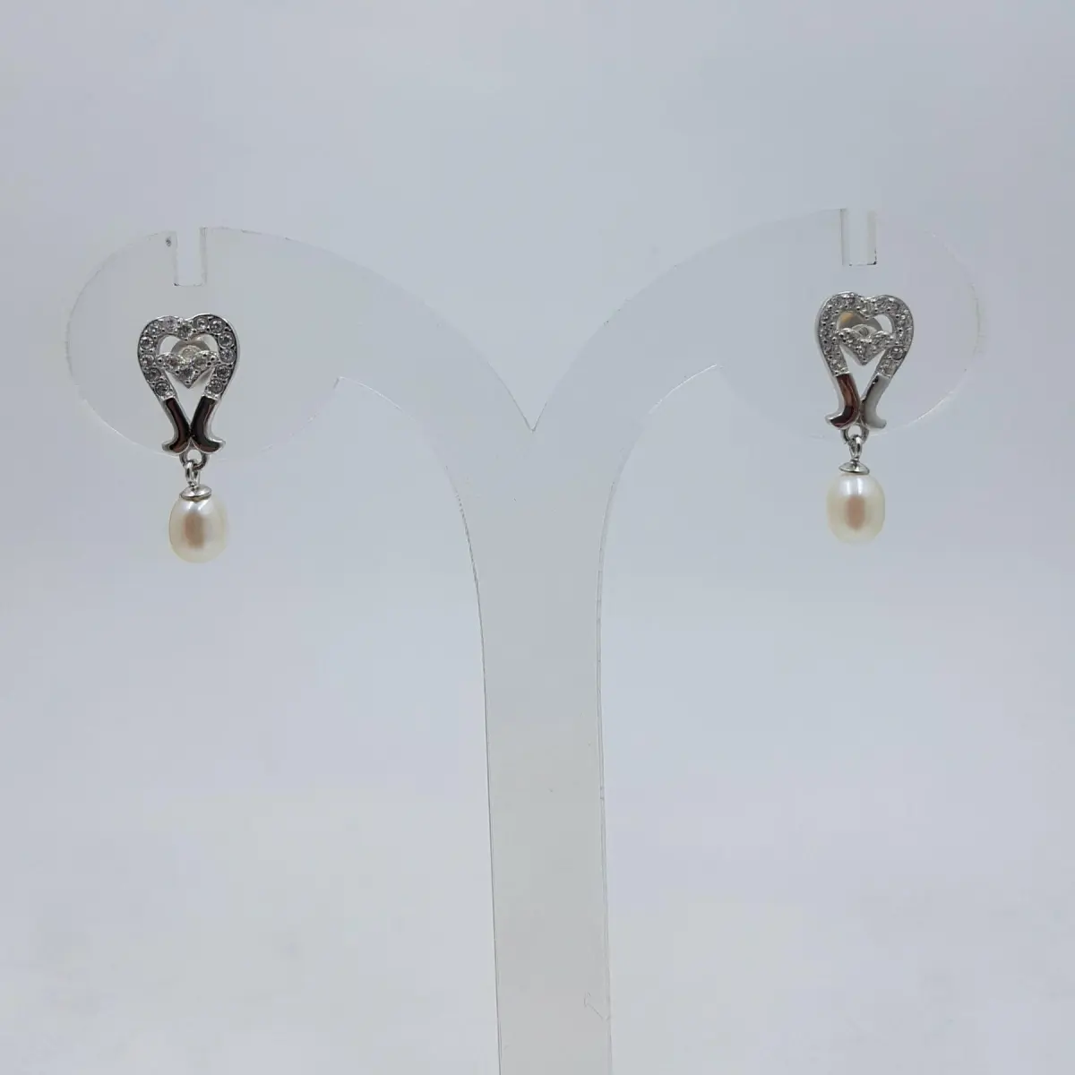 STERLING SILVER 925 EARRINGS IN HEART SHAPE AND WHITE PEARL