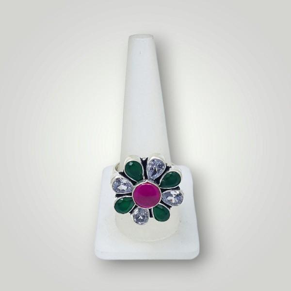 Adoreable Silver Ring with Green, Pink & White Stone