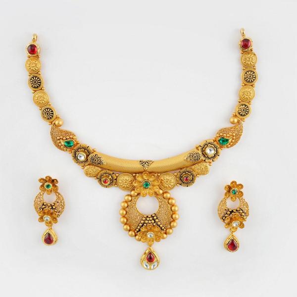 22k Gold Necklace Set with Earrings, Meena work and Beautiful Design for Ladies 