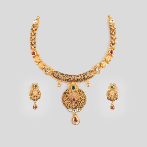 22k Antique Gold Necklace Set in Yellow Gold with Amazing Design 