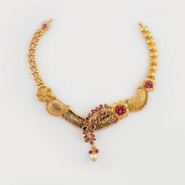 Amazing Gold Antique Necklace Set in Leaf Shape with Pink Stones 