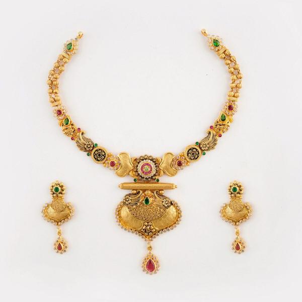 Gold Antique Necklace Set with beautiful Design and Stones 