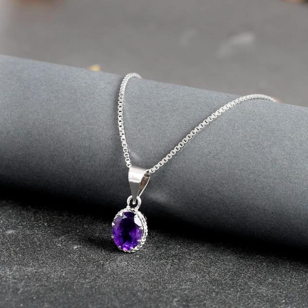 925 Sterling Silver Natural Amethyst Gemstone Pendent with Chain for Women & Girls