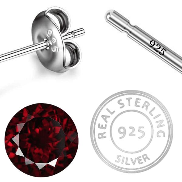 925 Sterling Silver Real Garnet Gemstone Round Shape Stud Earrings