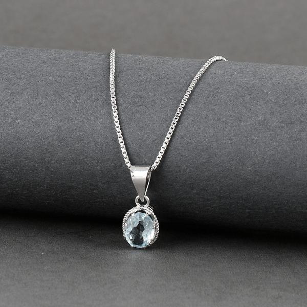 925 Sterling Silver Natural Blue Topaz Gemstone Pendent with Chain for Women & Girls