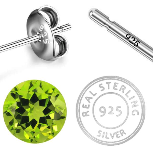 925 Sterling Silver Real Peridot Gemstone Round Shape Stud Earrings