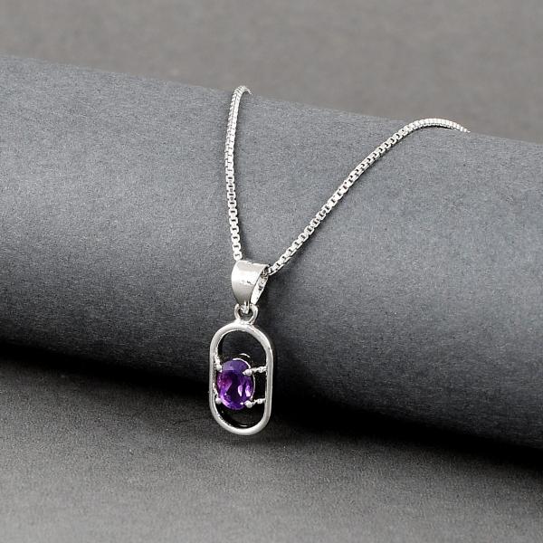 925 Sterling Silver Natural Amethyst Gemstone Pendent with Chain for Women & Girls