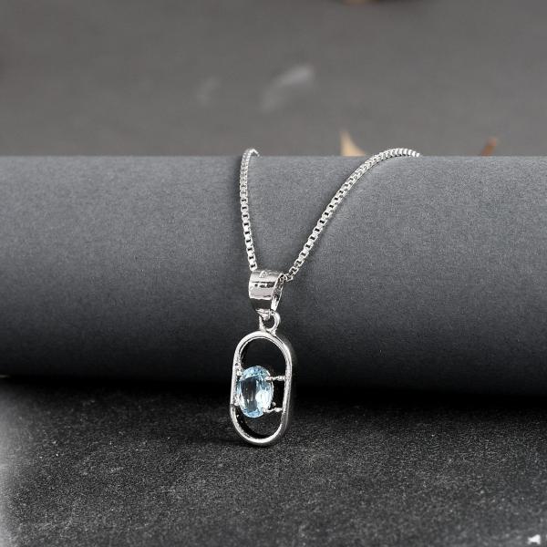 925 Sterling Silver Natural Blue Topaz Gemstone Pendent with Chain for Women & Girls