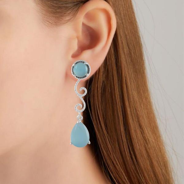 925 Sterling Silver Natural Aqua chalcedony Gemstone Dangler Drop Earrings