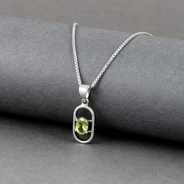 925 Sterling Silver Natural Peridot Gemstone Pendent with Chain for Women & Girls