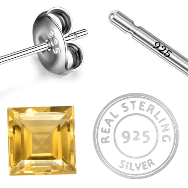 925 Sterling Silver Real Citrine Square Gemstone Shape Stud Earrings