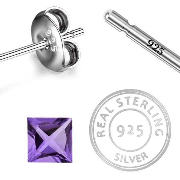 925 Sterling Silver Real Amethyst Square Gemstone Shape Stud Earrings