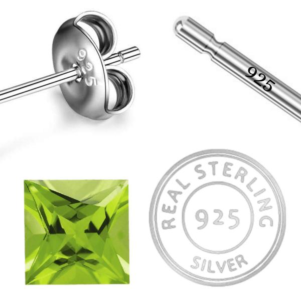 925 Sterling Silver Real Square Peridot Gemstone Shape Stud Earrings