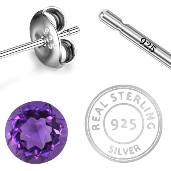 925 Sterling Silver Real Amethyst Gemstone Round Shape Stud Earrings