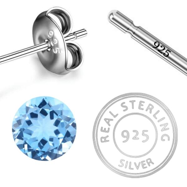 925 Sterling Silver Real Blue Topaz Gemstone Round Shape Stud Earrings