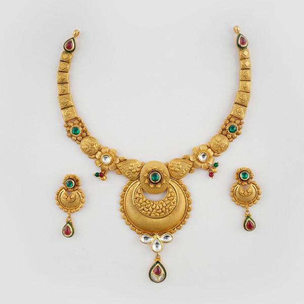 Fancy Gold Antique Necklace Set for Ladies with Round Shape & Flowers Design