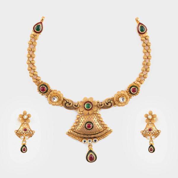 Beautiful Square Shape Ladies Gold Antique Necklace Set with Meena and Stones 