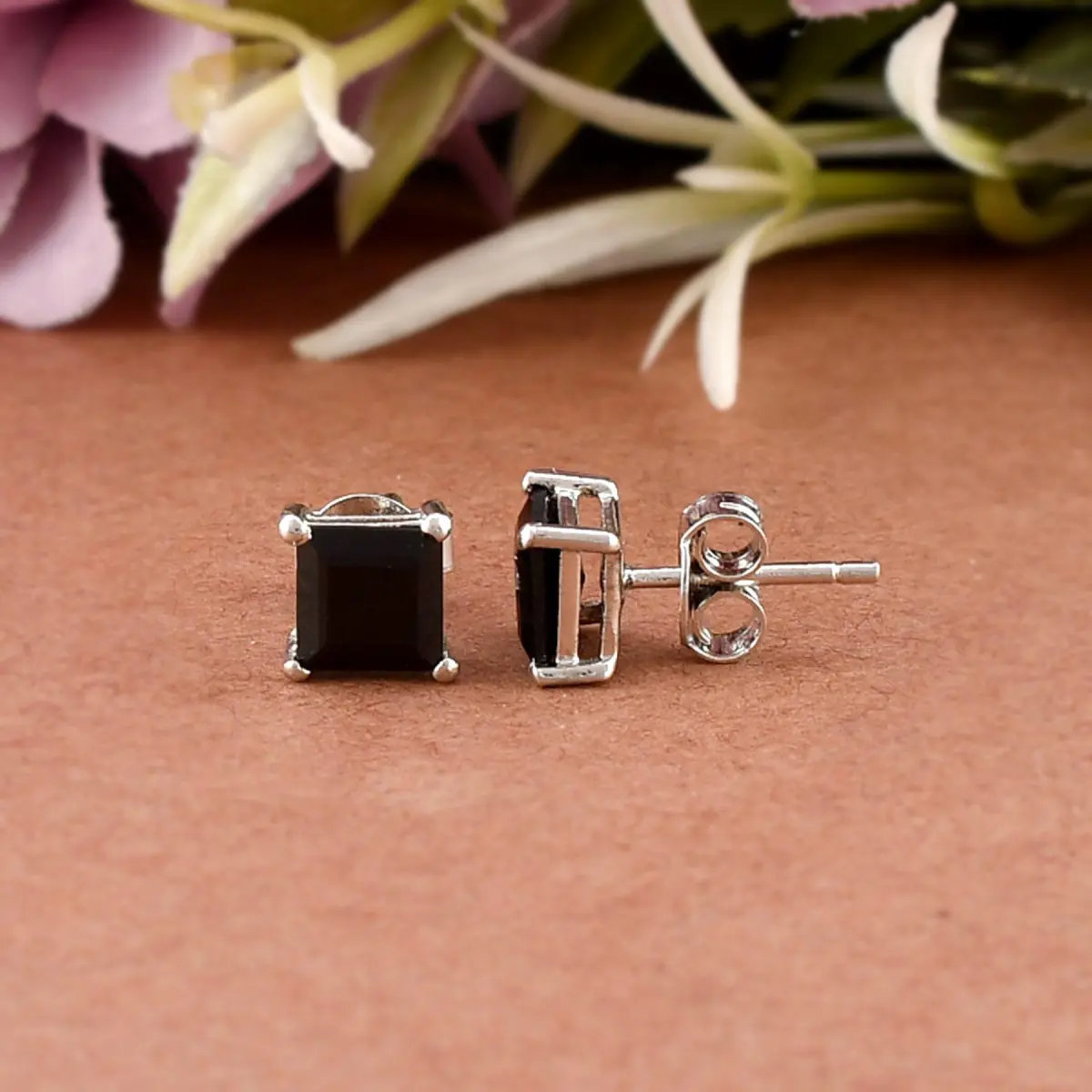 925 Sterling Silver Real Black onyx Square Gemstone Shape Stud Earrings