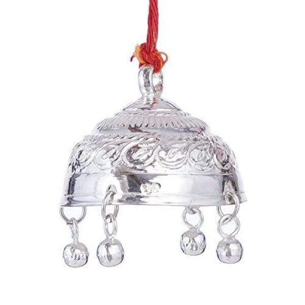 Silver Carved Chatra/Chattar for God & Temple with Attached Hook & Ghunghroo for Pooja