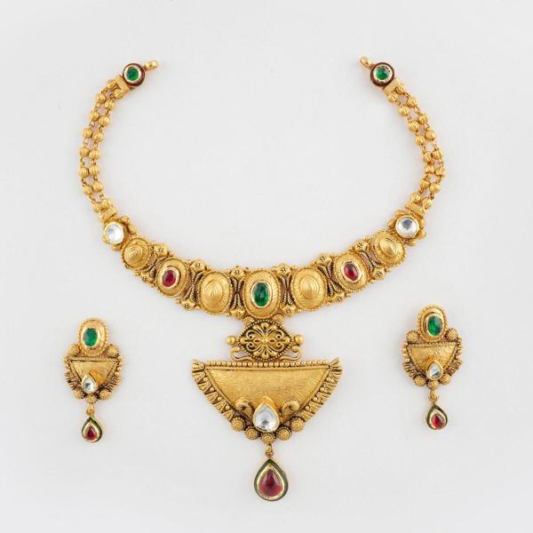 Gold Antique Necklace in beautiful Design with Stones 