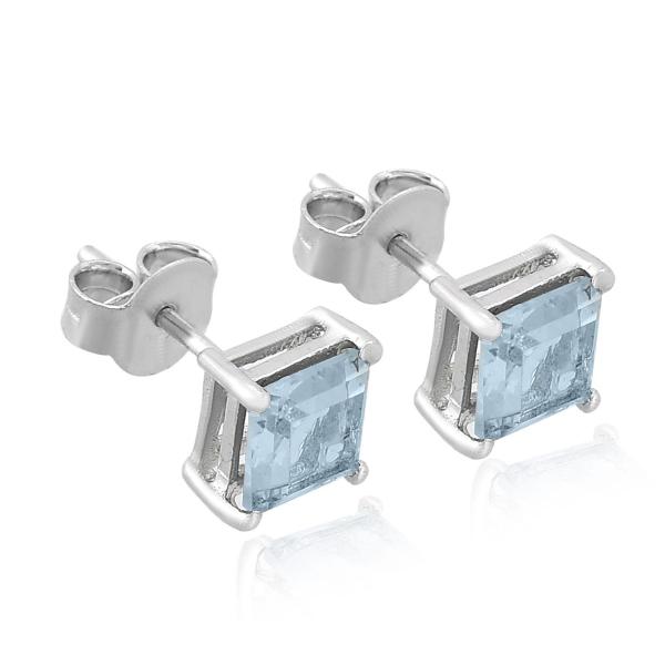 925 Sterling Silver Real Blue Topaz Square Gemstone Shape Stud Earrings