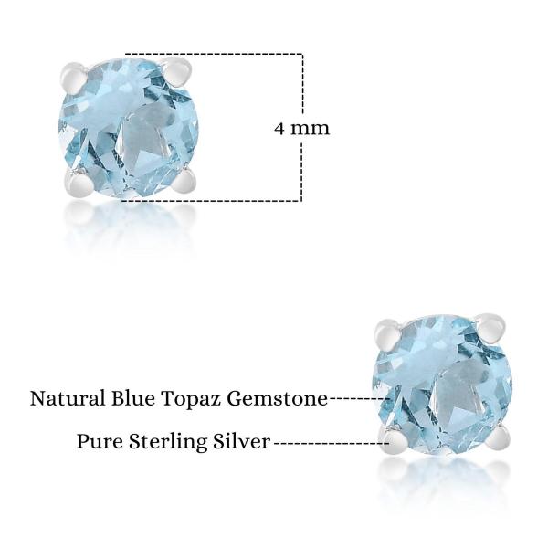 925 Sterling Silver Real Blue Topaz Gemstone Round Shape Stud Earrings