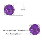 925 Sterling Silver Real Amethyst Gemstone Round Shape Stud Earrings