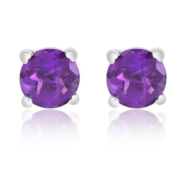 925 Sterling Silver Real Amethyst Gemstone Round Shape Stud Earrings