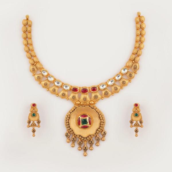 Beautiful Gold Antique Necklace Set in Flowers & Leaf Design with Kundan Stones 