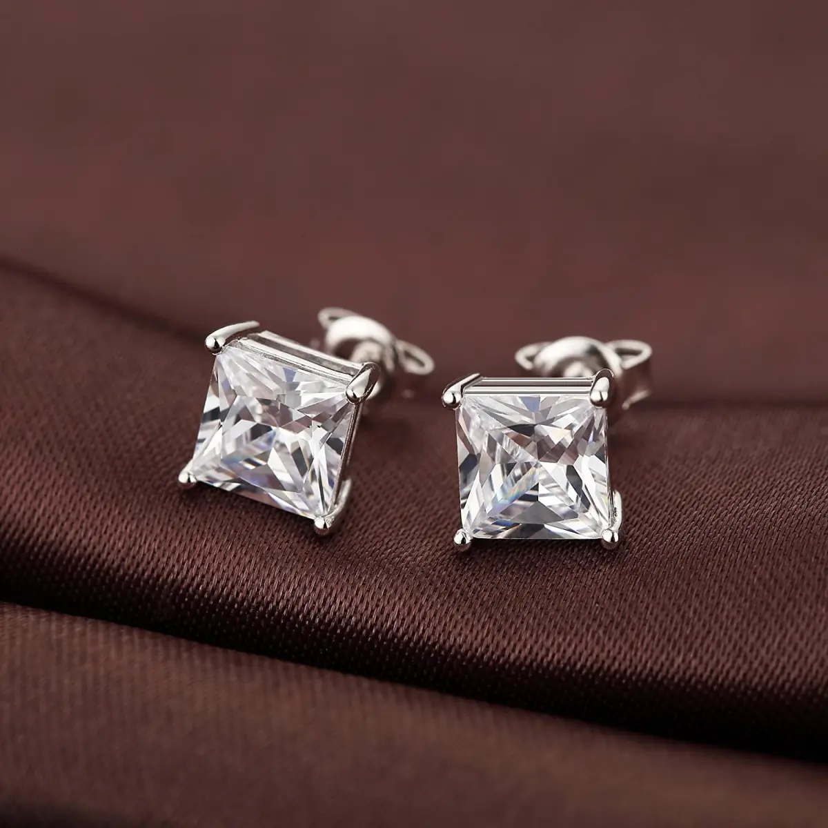 925 Sterling Silver Real Square Cubic Zirconia Gemstone Shape Stud Earrings