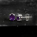 925 Sterling Silver Real Amethyst Gemstone Oval Shape Stud Earrings