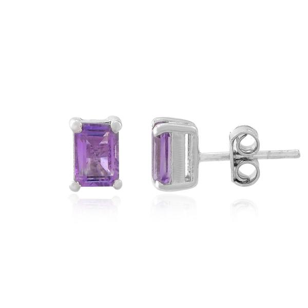 925 Sterling Silver Real Amethyst Rectangle Gemstone Shape Stud Earrings