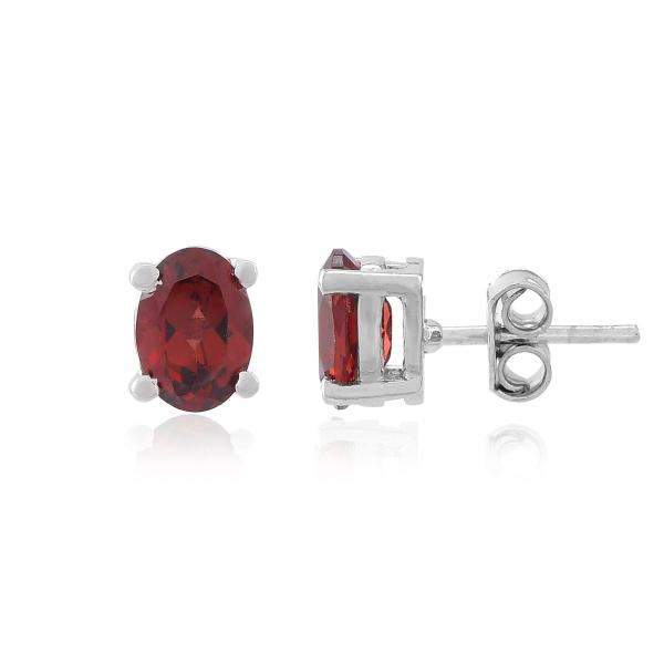 925 Sterling Silver Real Garnet Gemstone Oval Shape Stud Earrings