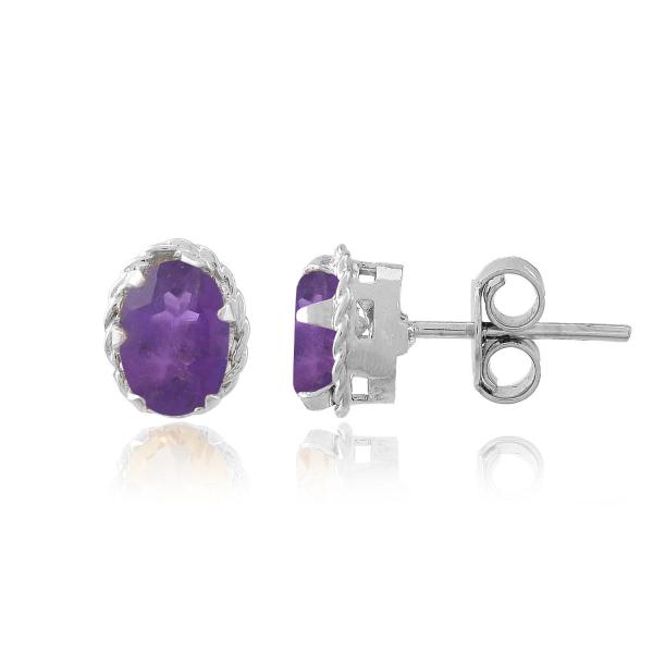 925 Sterling Silver Real Amethyst Oval dotted Gemstone Shape Stud Earrings