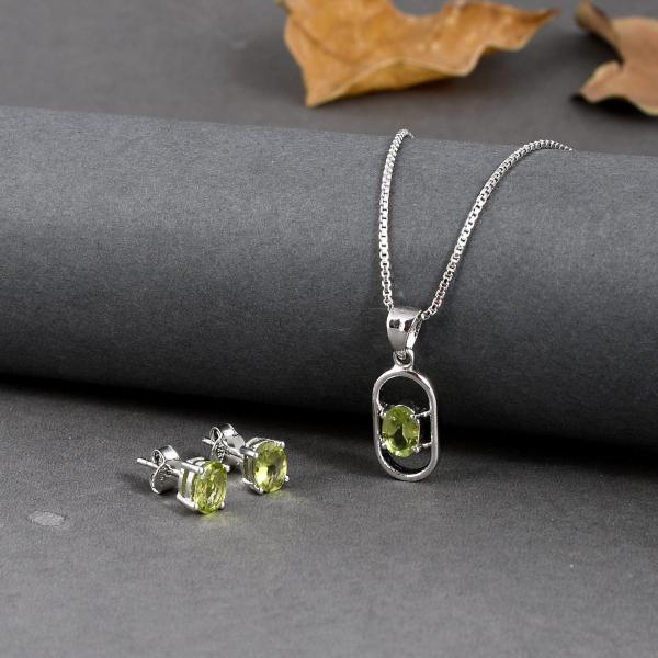 925 Sterling Silver Natural Peridot Gemstone Pendent Set for Women & Girls