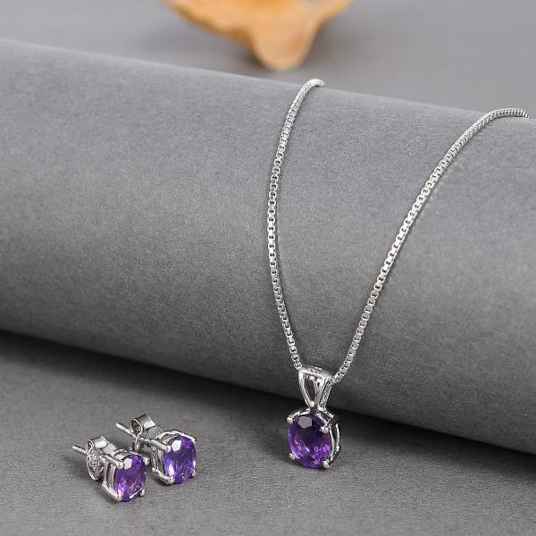 925 Sterling Silver Natural Amethyst Gemstone Pendent Set for Women & Girls