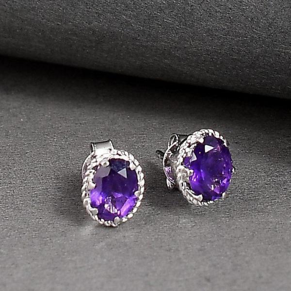 925 Sterling Silver Real Amethyst Oval dotted Gemstone Shape Stud Earrings