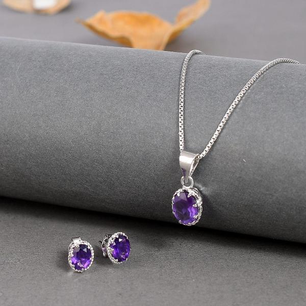 925 Sterling Silver Natural Amethyst Gemstone Pendent Set for Women & Girls