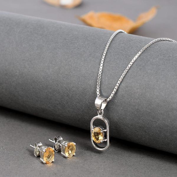 925 Sterling Silver Natural Citrine Gemstone Pendent Set for Women & Girls