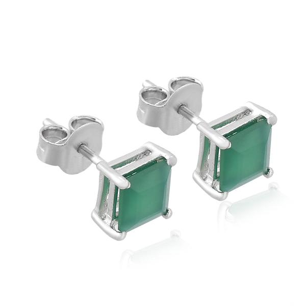 925 Sterling Silver Real Square Green onyx Gemstone Shape Stud Earrings