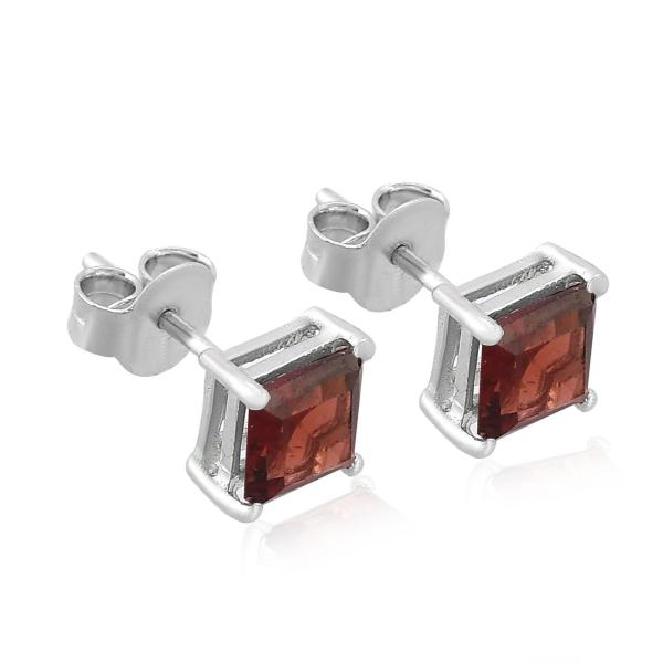 925 Sterling Silver Real Square Garnet Gemstone Shape Stud Earrings