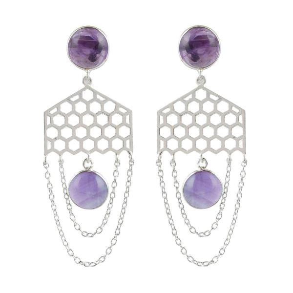 925 Sterling Silver Natural Amethyst Gemstone Dangler Drop Earrings