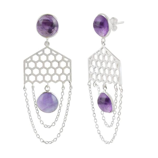 925 Sterling Silver Natural Amethyst Gemstone Dangler Drop Earrings